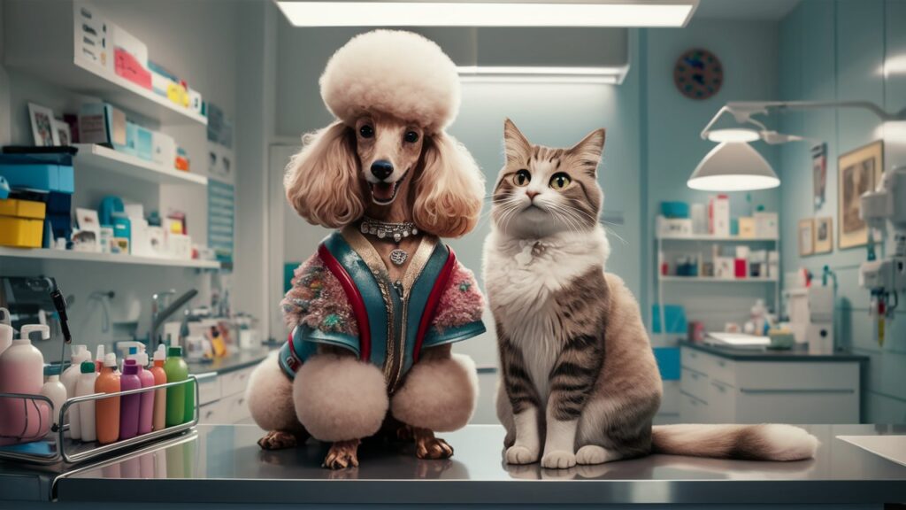 A poodle and cat at a veterinary clinic