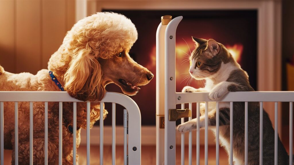 A poodle and cat meeting for the first time, separated by a baby gate