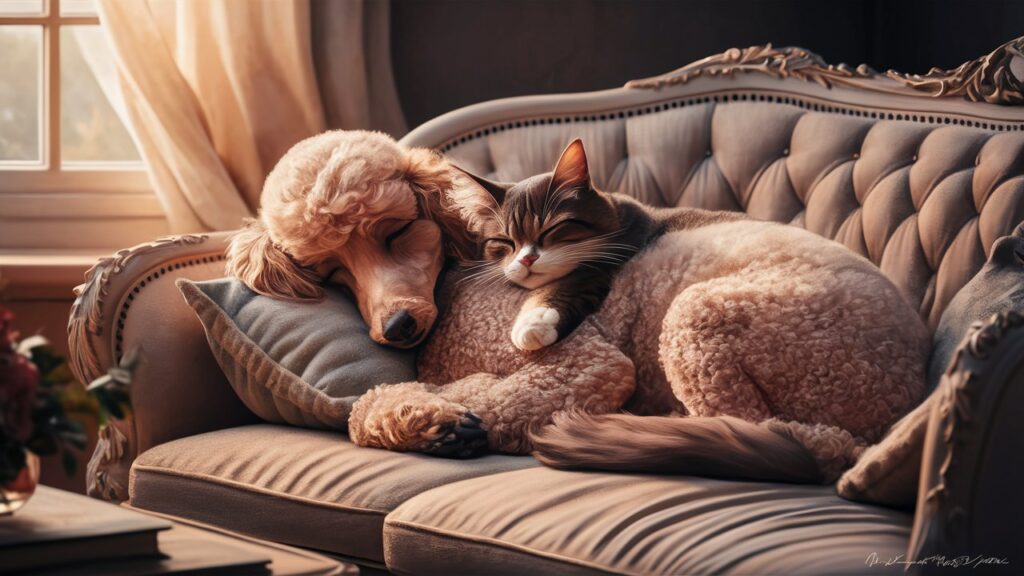 A poodle and cat sleeping peacefully together on a couch