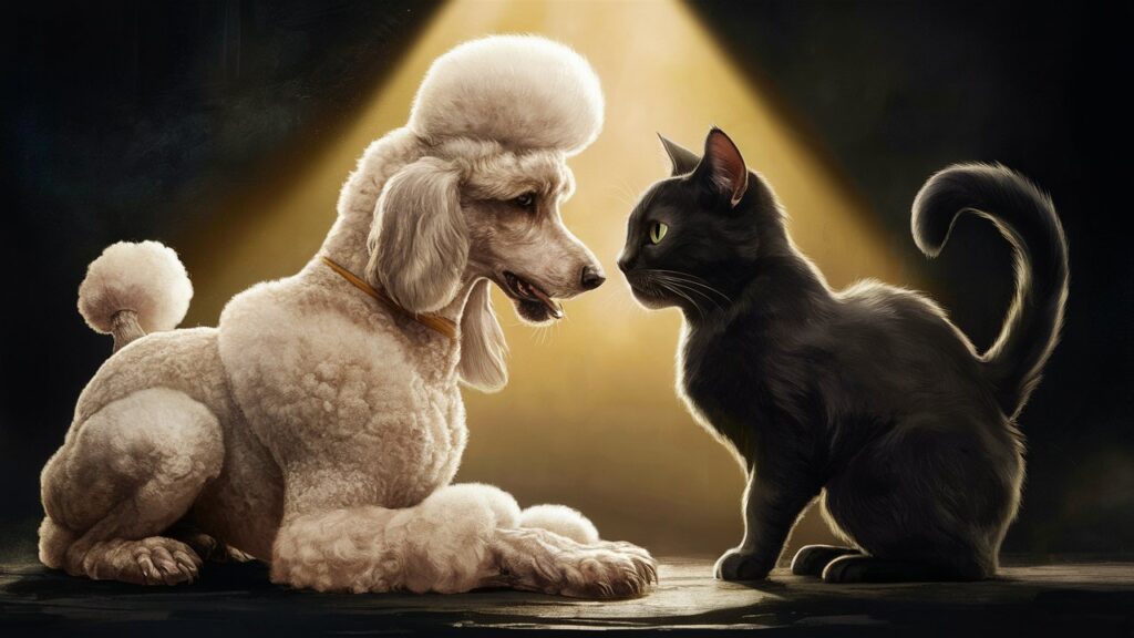 A poodle and cat studying each other's body language