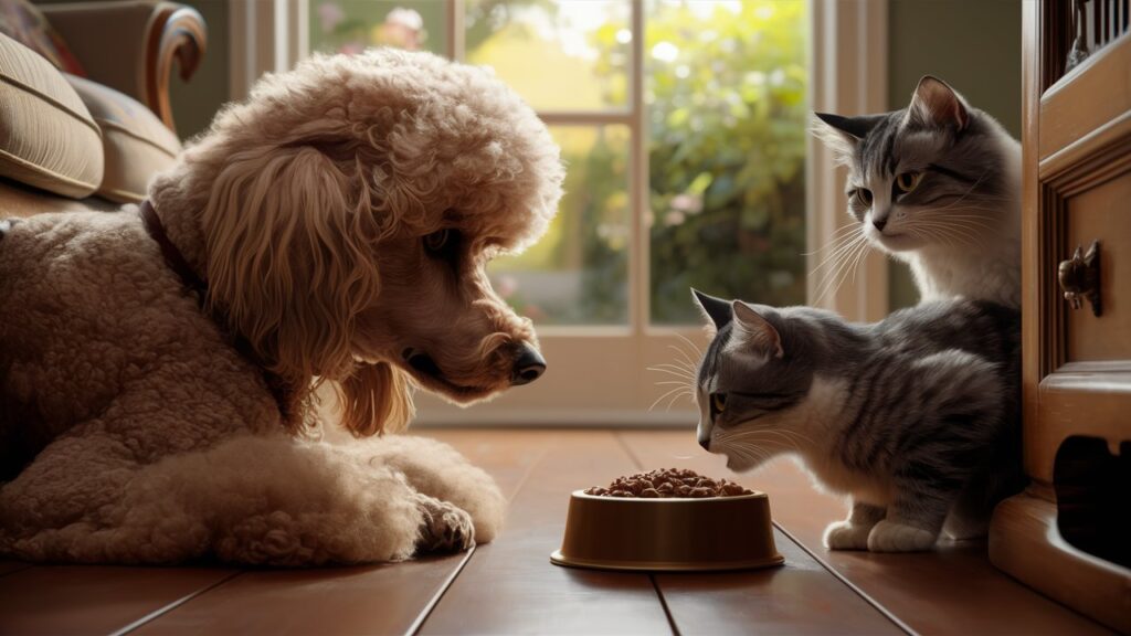 A poodle looking curiously at a cat's food bowl