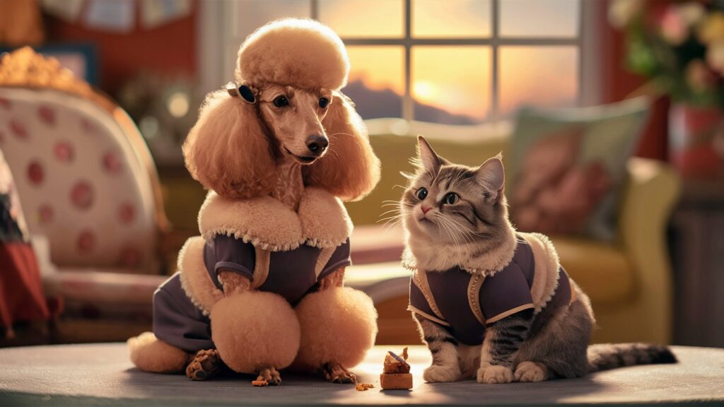 A poodle sitting calmly next to a cat, with a treat visible