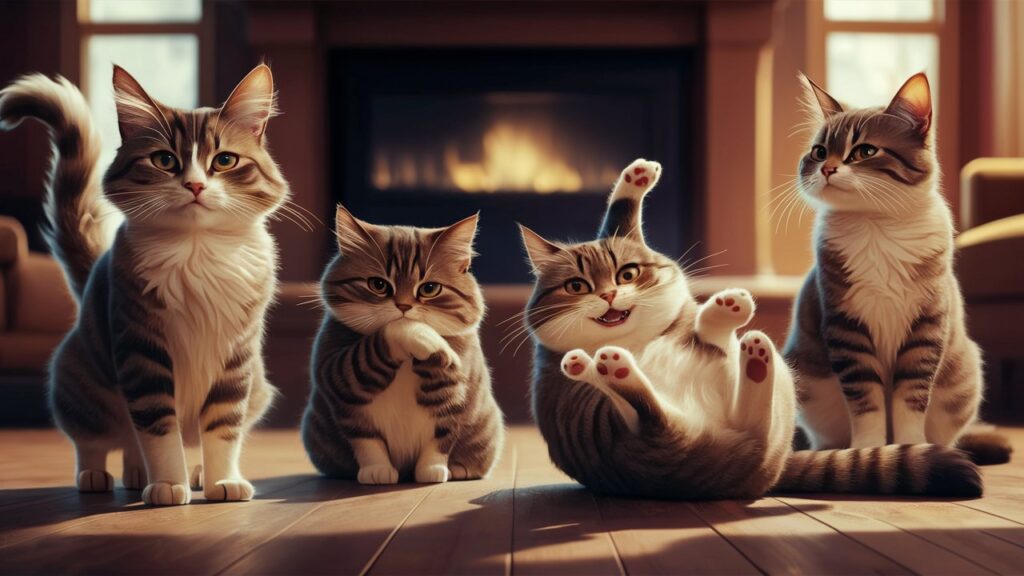 Four cats with different expressions - confident, timid, playful, and aloof