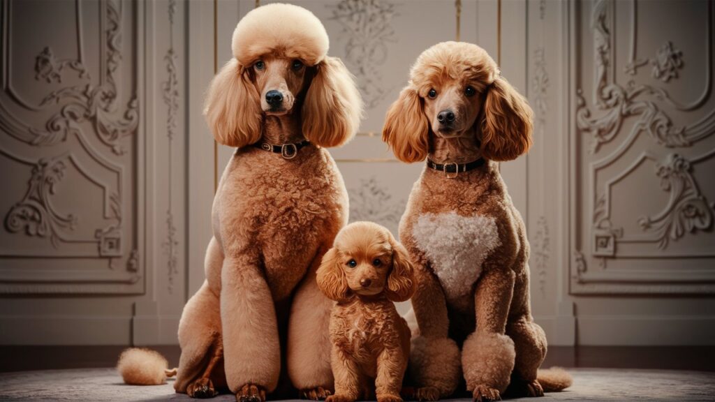 Three poodles - standard, miniature, and toy - sitting side by side