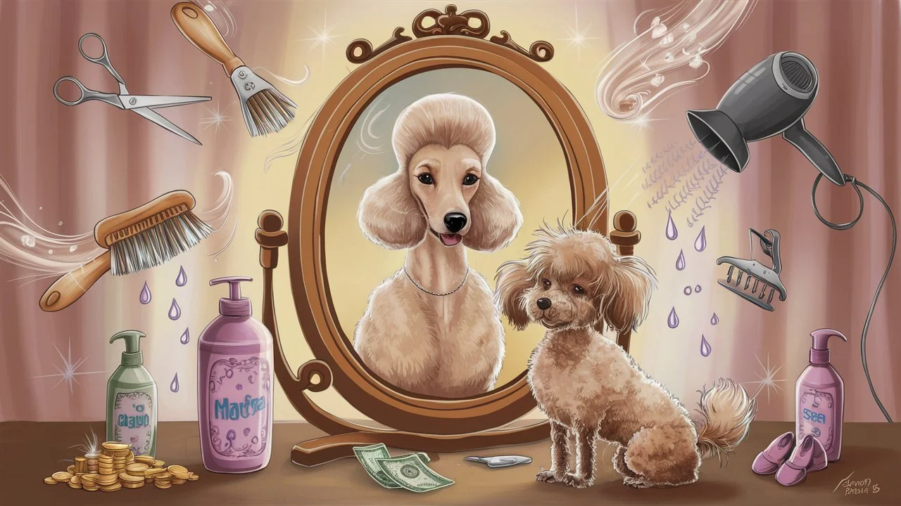 Poodle grooming transformation: Before and after illustration showcasing professional grooming costs and services